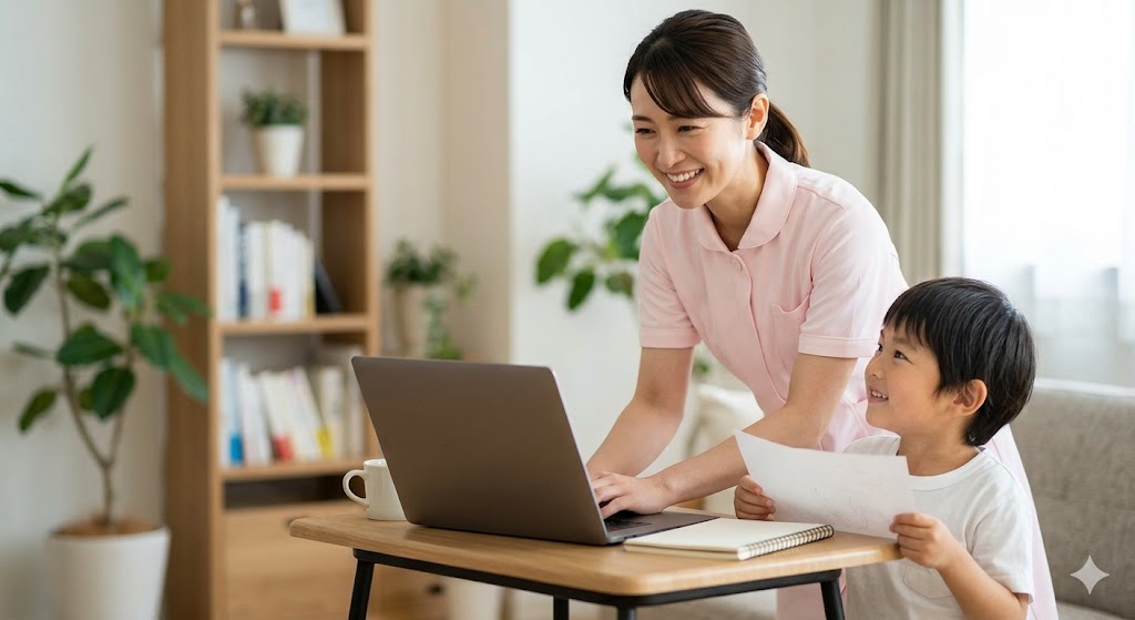 看護師ママが在宅でパソコン作業をしている様子